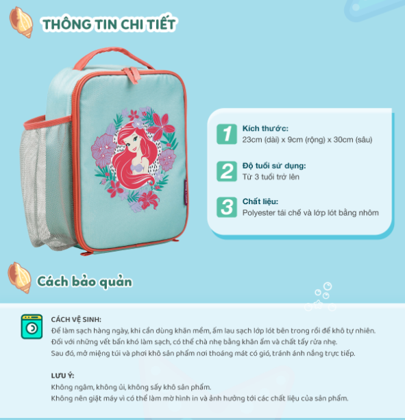SET HỘP CƠM TRƯ/ĐỒ ĂN VẶT, TÚI ĐỰNG HỘP CƠM VÀ BÌNH NƯỚC PHIÊN BẢN LITTLE MERMAID CHO BÉ - B.BOX