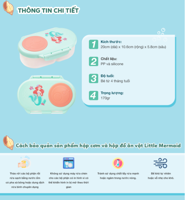SET HỘP CƠM TRƯ/ĐỒ ĂN VẶT, TÚI ĐỰNG HỘP CƠM VÀ BÌNH NƯỚC PHIÊN BẢN LITTLE MERMAID CHO BÉ - B.BOX
