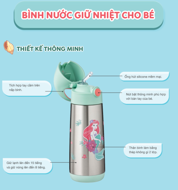 SET HỘP CƠM TRƯ/ĐỒ ĂN VẶT, TÚI ĐỰNG HỘP CƠM VÀ BÌNH NƯỚC PHIÊN BẢN LITTLE MERMAID CHO BÉ - B.BOX