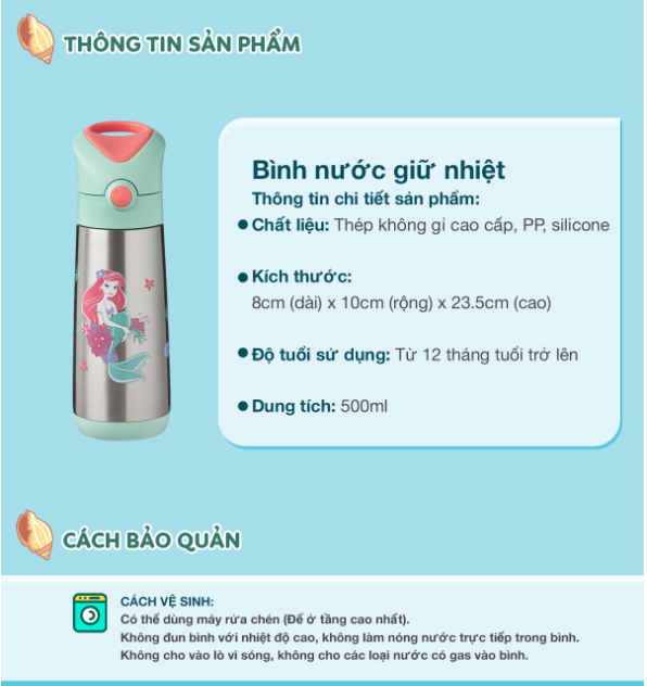 SET HỘP CƠM TRƯ/ĐỒ ĂN VẶT, TÚI ĐỰNG HỘP CƠM VÀ BÌNH NƯỚC PHIÊN BẢN LITTLE MERMAID CHO BÉ - B.BOX