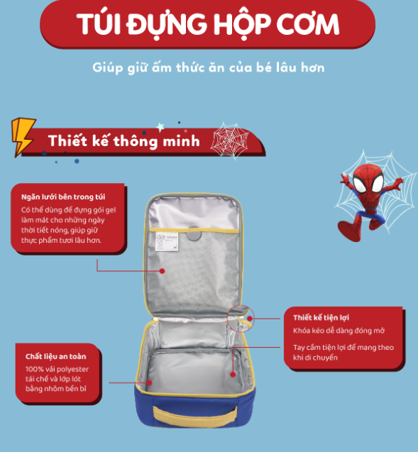 SET HỘP CƠM TRƯ/ĐỒ ĂN VẶT, TÚI ĐỰNG HỘP CƠM VÀ BÌNH NƯỚC PHIÊN BẢN SPIDEY CHO BÉ - B.BOX