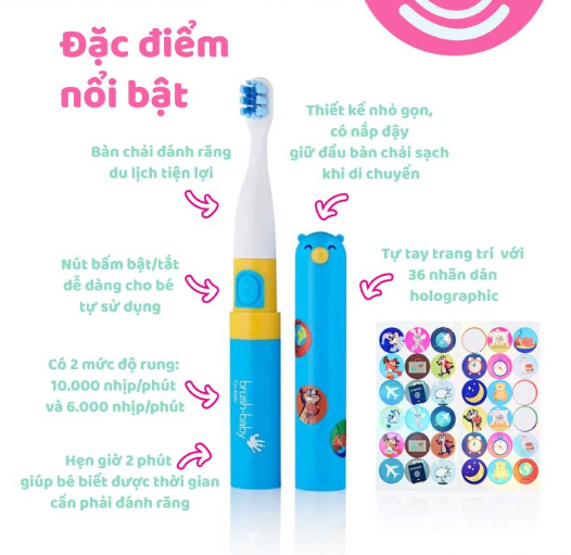 BÀN CHẢI ĐIỆN SÓNG ÂM DÙNG PIN CÓ NẮP ĐẬY GO-KIDZ - BRUSH-BABY