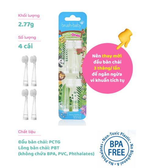 BỘ 4 ĐẦU BÀN CHẢI THAY THẾ CHO BÀN CHẢI ĐIỆN WILDONES TỪ 0- 10 TUỔI - BRUSH-BABY