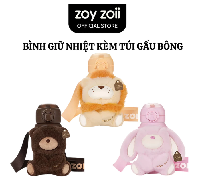 BÌNH NƯỚC GIỮ NHIỆT CHO BÉ CÓ ỐNG HÚT ĐI HỌC ZOYZOII KÈM TÚI GẤU BÔNG ANIMAL SERIES THERMOS CUP E20