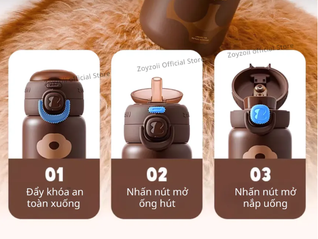 BÌNH NƯỚC GIỮ NHIỆT CHO BÉ CÓ ỐNG HÚT ĐI HỌC ZOYZOII KÈM TÚI GẤU BÔNG ANIMAL SERIES THERMOS CUP E20