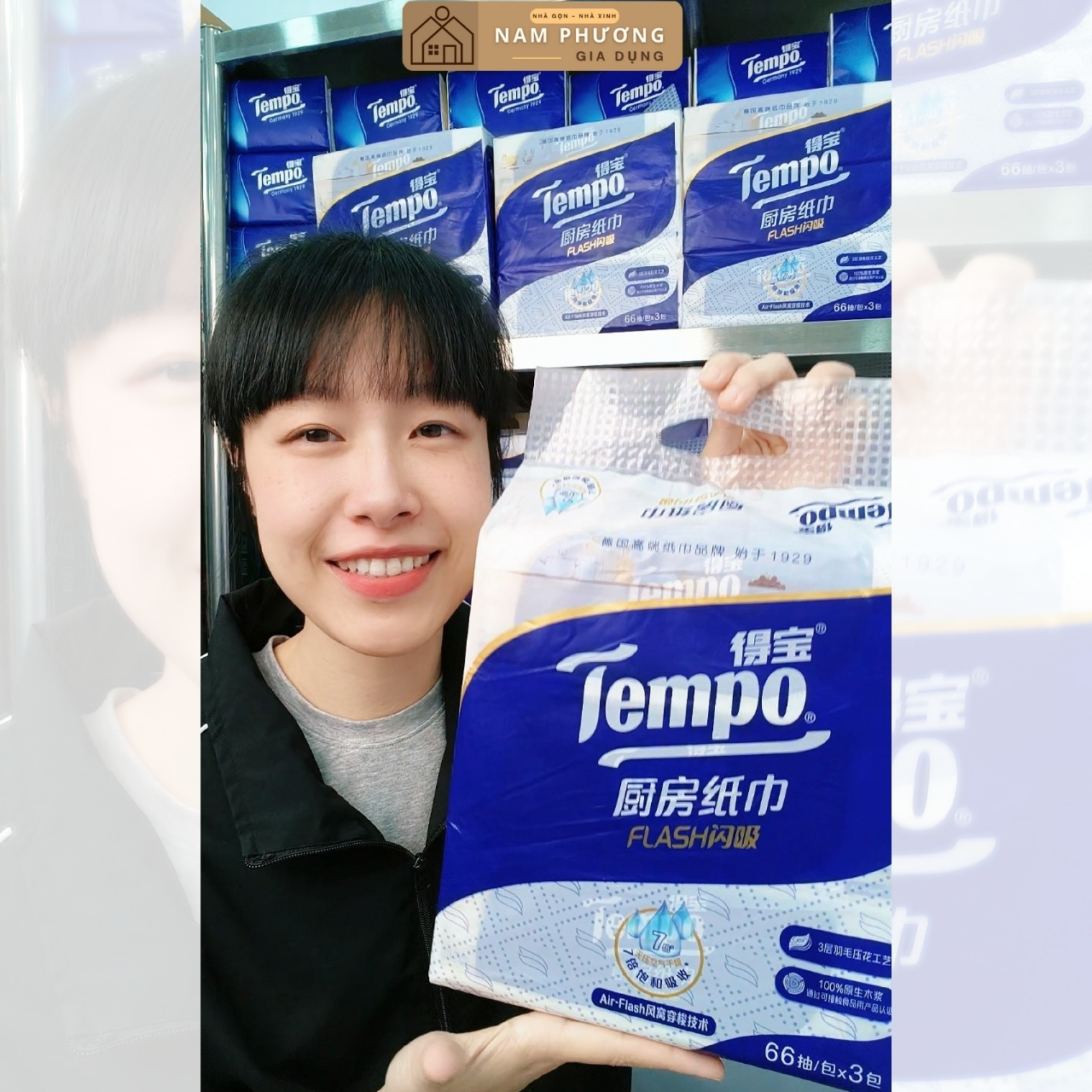 Giấy Bếp Cao Cấp Tempo Flash Gói Rút 66 Tờ Dày Dai Độ Thấm Nước Gấp 7 Lần K92