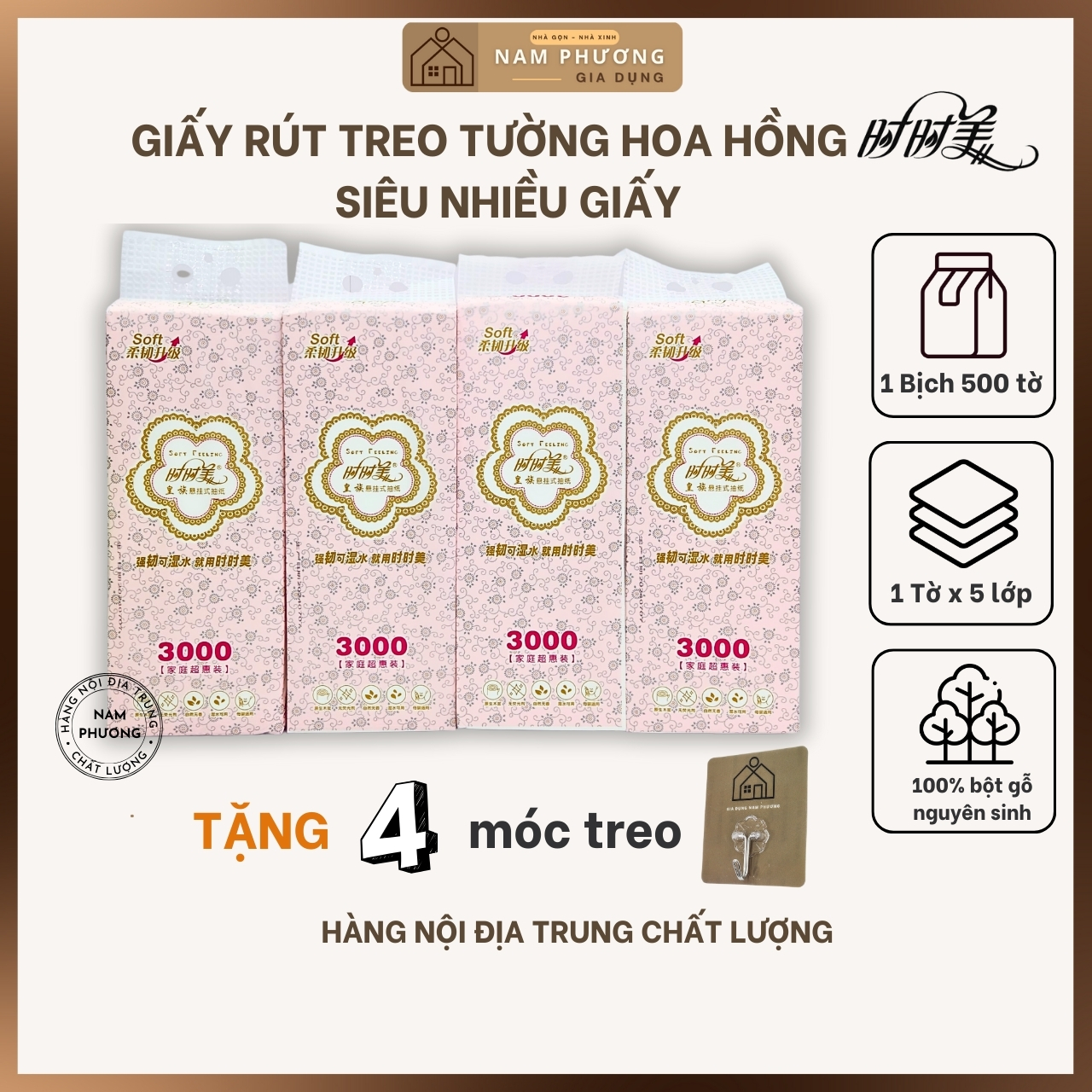 Siêu Giấy Rút Treo Tường Hoa Hồng Shishimei 2500 Lớp 500 Tờ Bịch Dài Chắc Nặng Rút Lâu Mới Hết K70