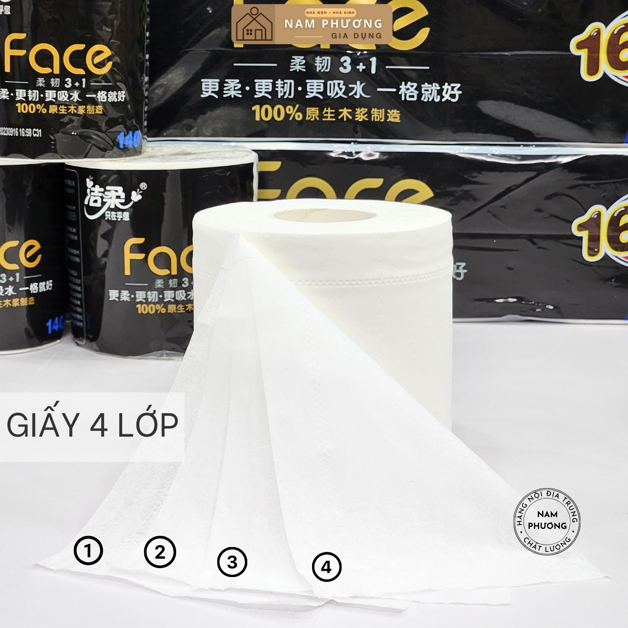 Giấy Vệ Sinh Cuộn 4 Lớp FACE Bịch 12 Cuộn - Tự Phân Hủy, Nhanh Tan Trong Nước - K56
