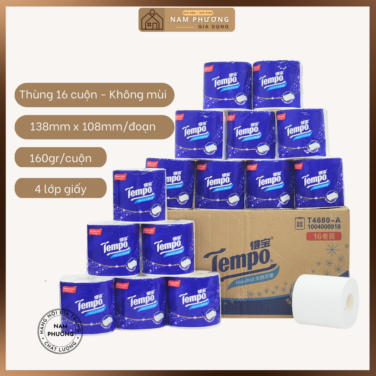 Giấy Vệ Sinh Cao Cấp 4 Lớp Tempo Hàng Nội Địa Trung 1 mặt mịn 1 mặt nhám lau siêu sạch dễ tan trong nước không lo tắc bồn cầu K40