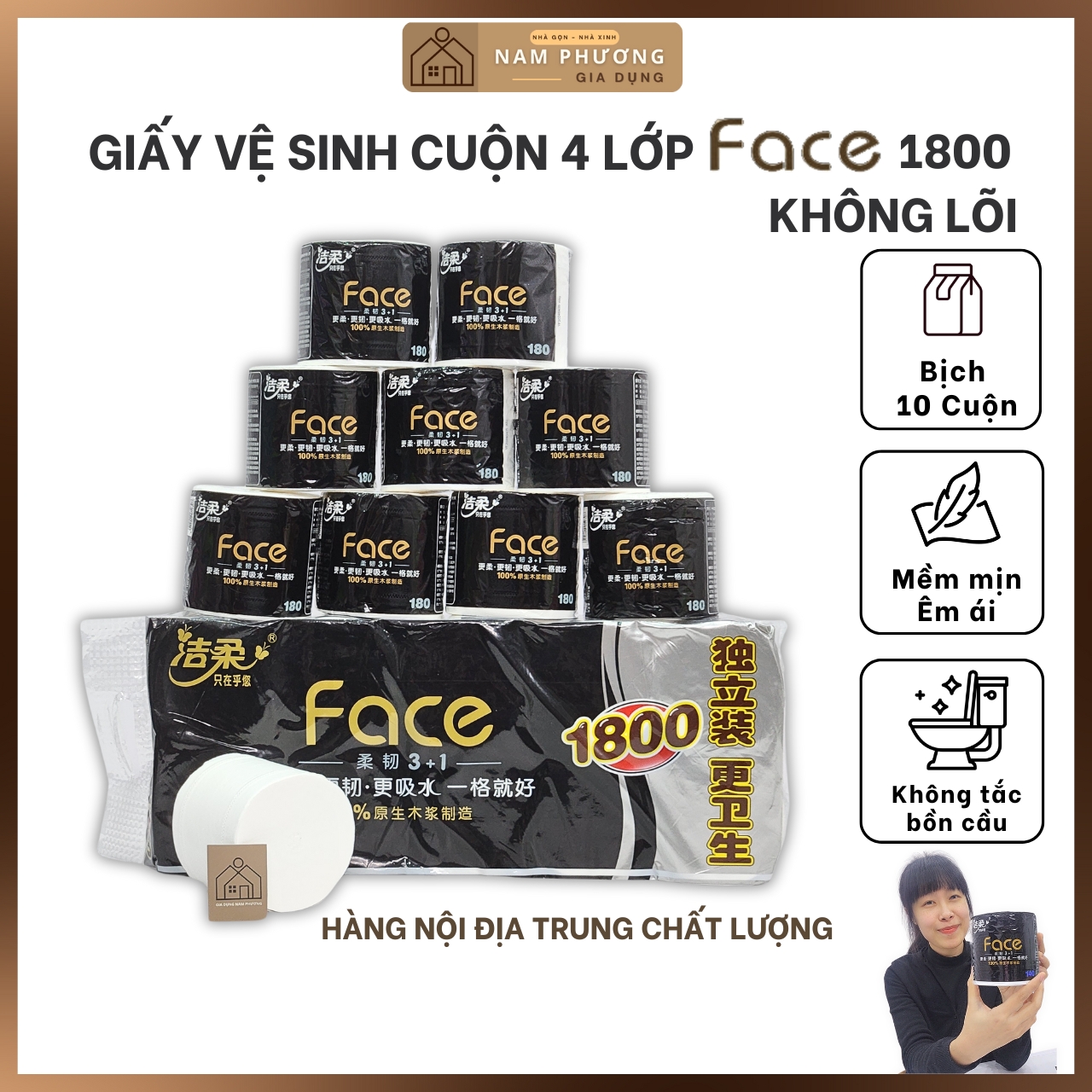 Giấy Vệ Sinh Face 4 Lớp Không Lõi Bịch 10 Cuộn 1800 K72