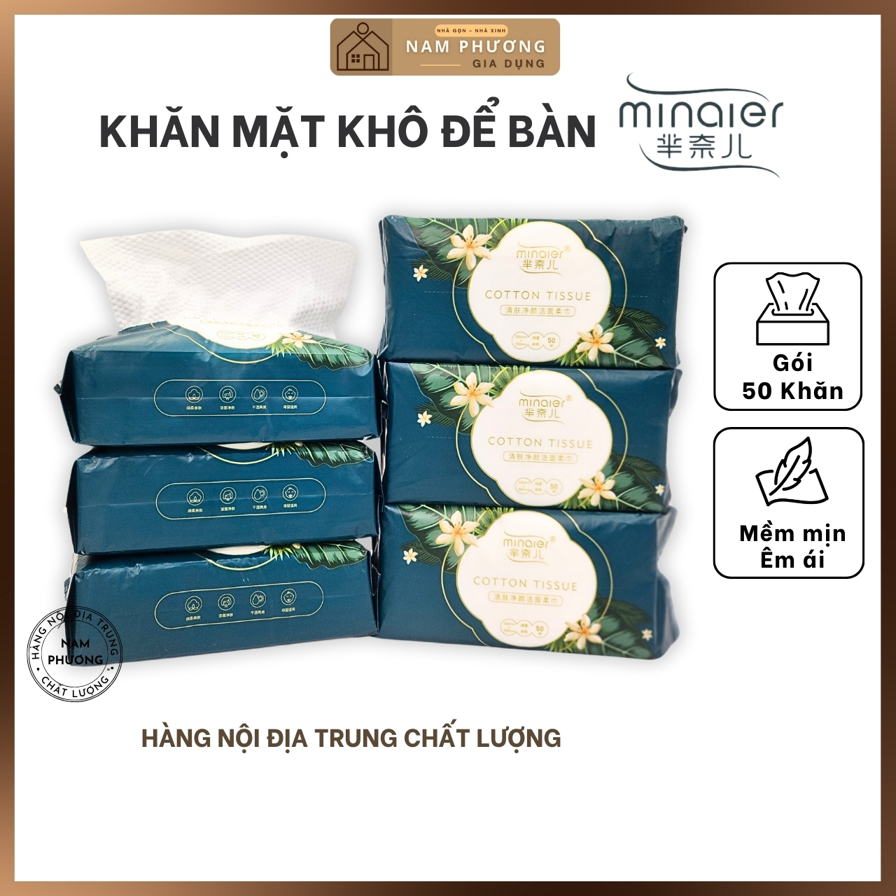 Khăn Mặt Khô Đa Năng Minaier Mẫu Hoa Gói Để Bàn 50 Khăn Dày Êm K57-H