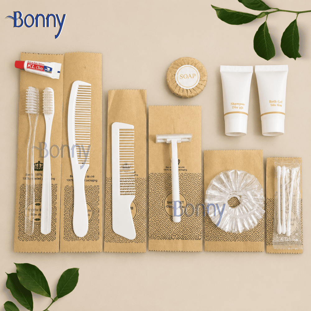 Bộ đồ dùng khách sạn Amenities túi giấy Kraft ruột nhựa bịch 100c