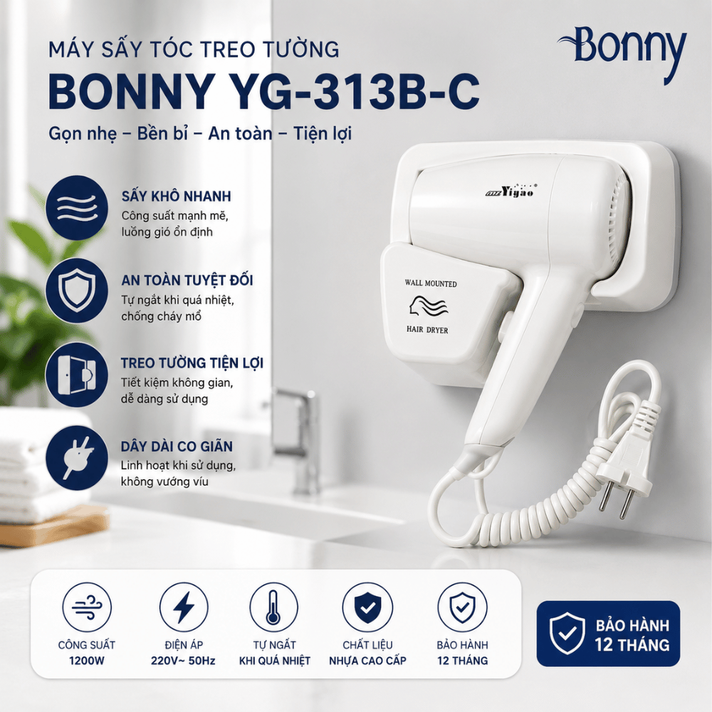 Máy sấy tóc treo tường Yigao 1000W [Tặng kèm miếng dán không cần khoan tường]