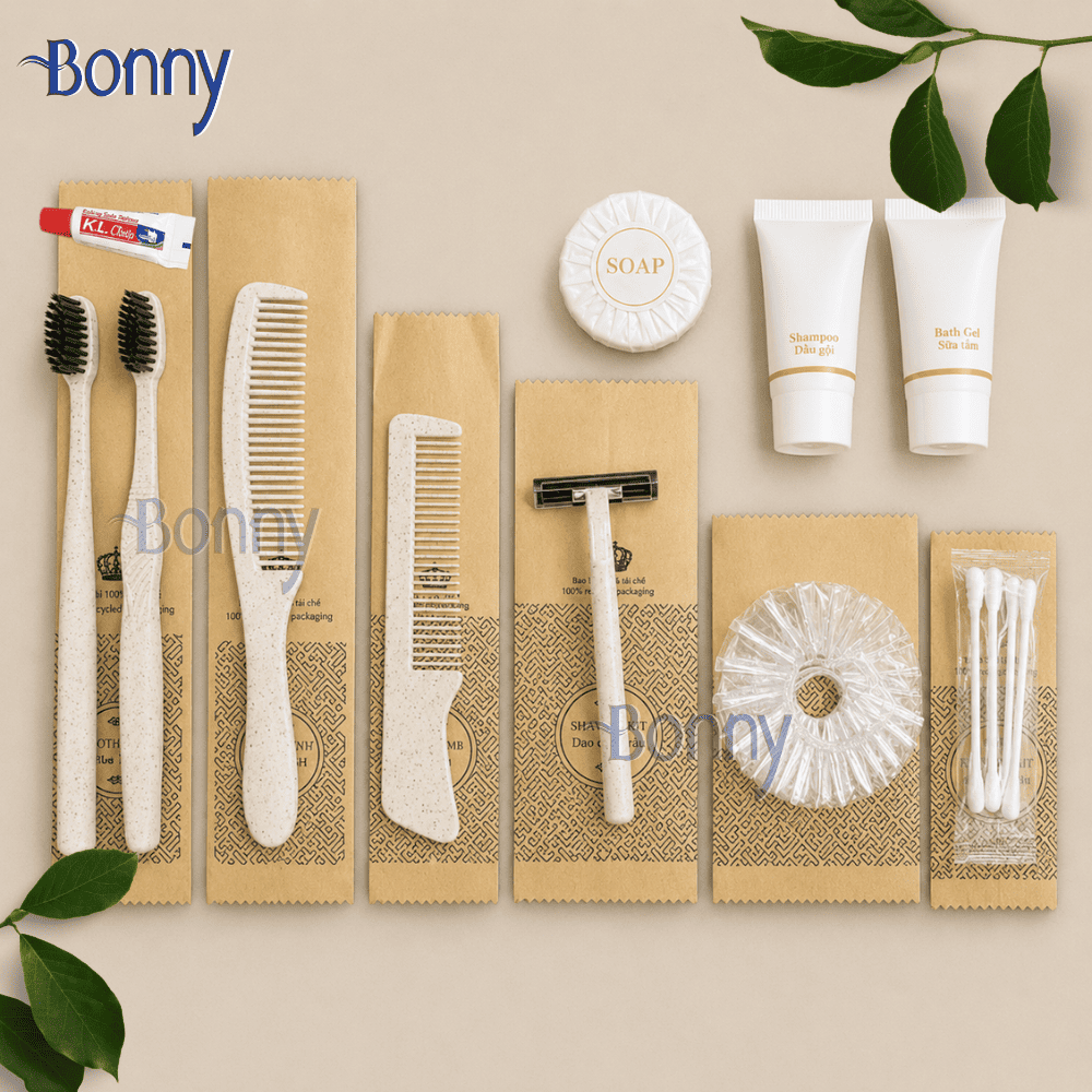 Bộ đồ dùng khách sạn Amenities túi giấy Kraft ruột thân thiện bịch 100c