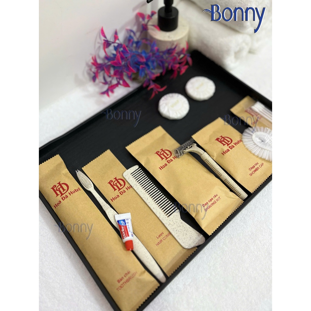 Bộ đồ dùng khách sạn Amelities túi giấy Kraft ruột nhựa bịch 100c