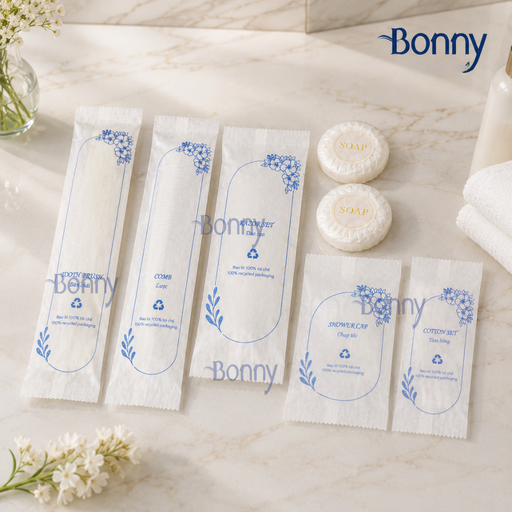 Bộ đồ dùng khách sạn Amenities túi vải không dệt ruột nhựa bịch 100c