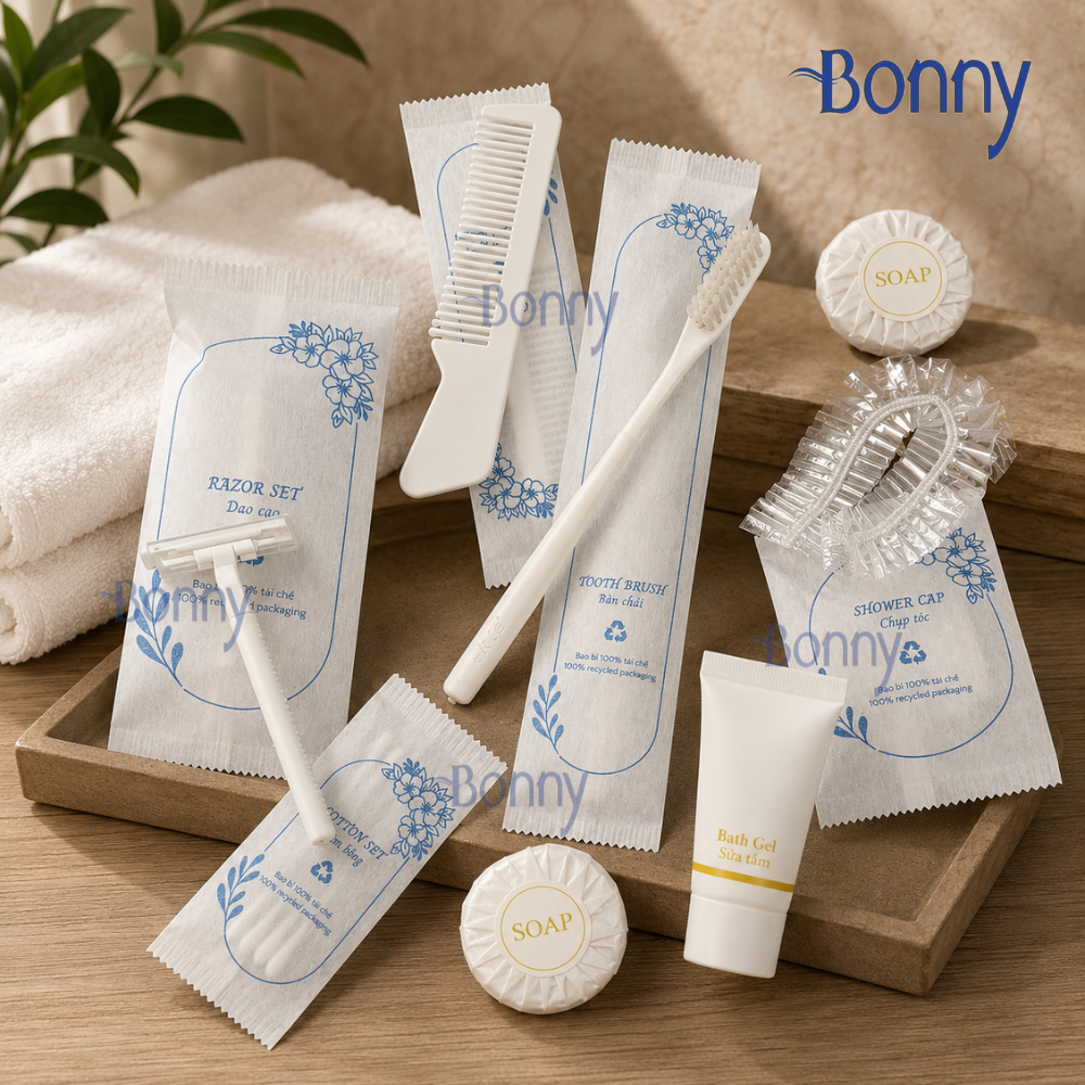 Bộ đồ dùng khách sạn Amenities túi vải không dệt ruột nhựa bịch 100c