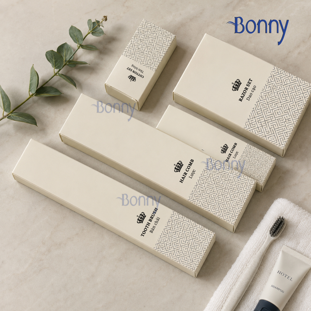 Bộ đồ dùng khách sạn Amenities Hộp giấy ruột nhựa bịch 50c