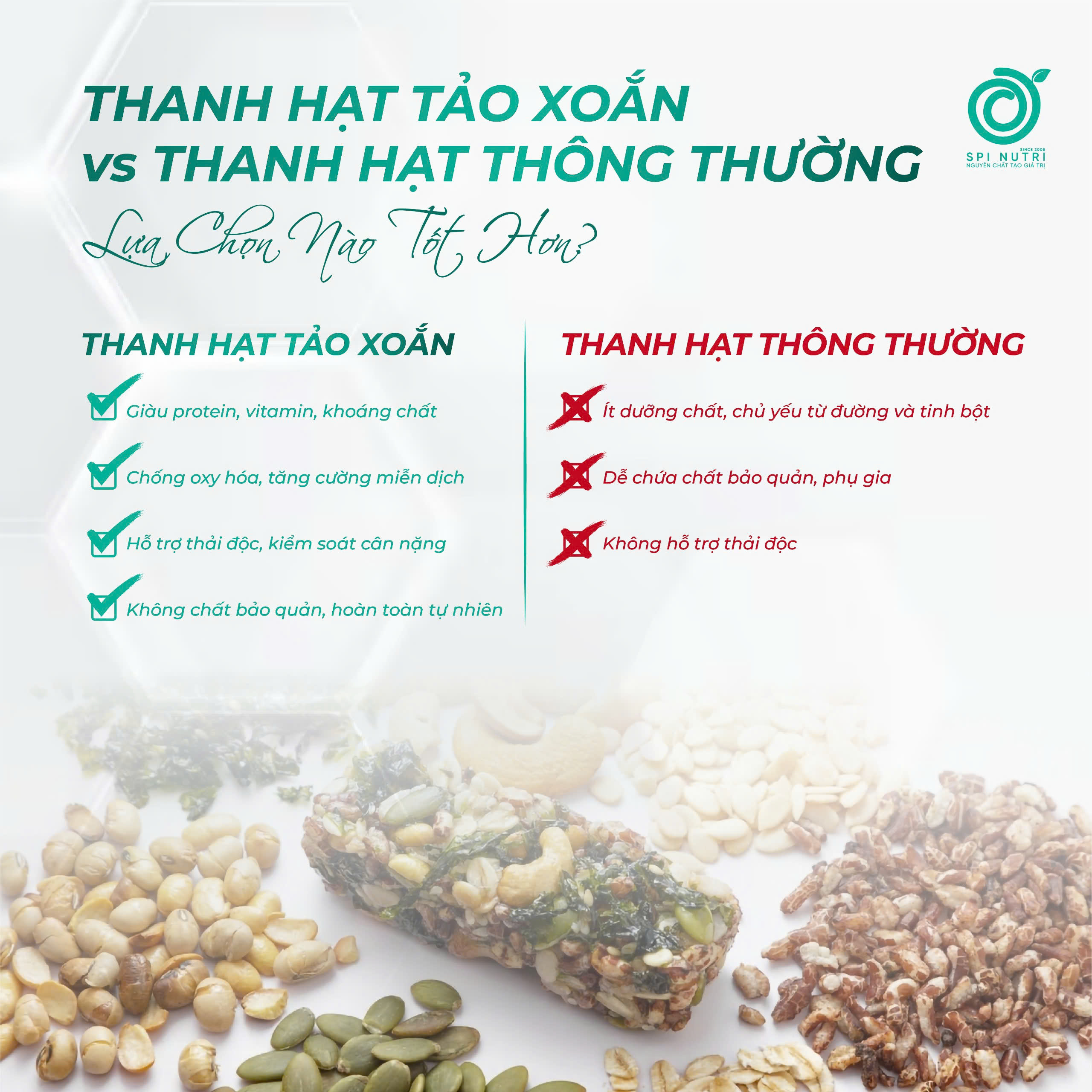 Sự khác biệt giữa thanh hạt tảo xoắn và thanh hạt thông thường.
