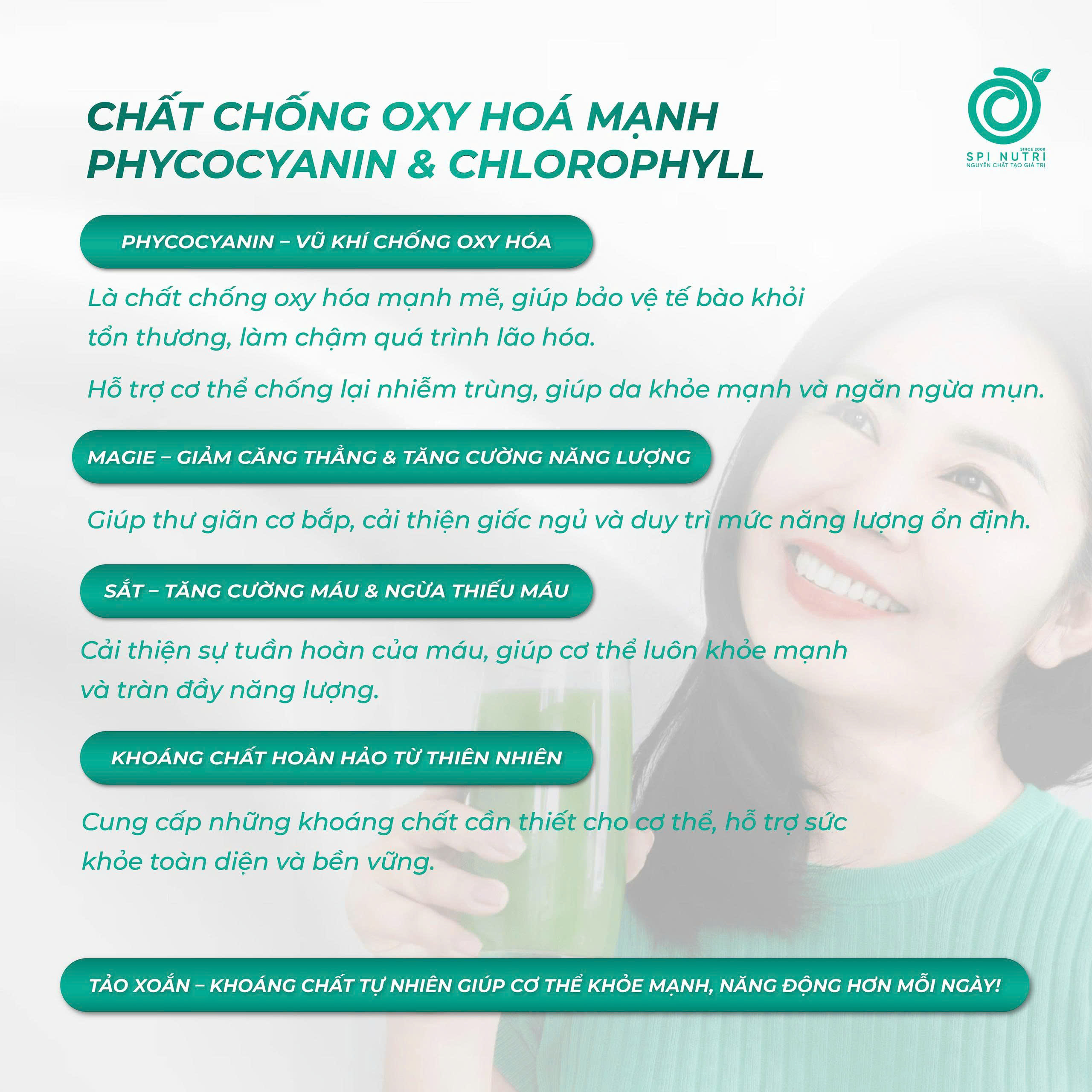 CHẤT CHỐNG OXY HOÁ MẠNH: PHYCOCYANIN & CHLOROPHYLL TRONG TẢO XOẮN