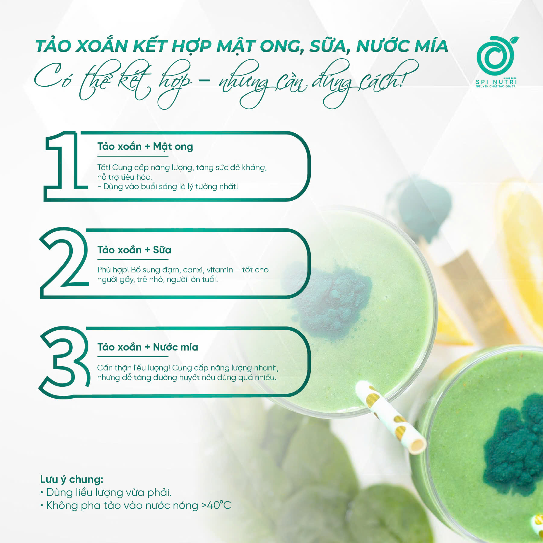 Tảo xoắn có nên dùng chung với mật ong, sữa, nước mía… không?