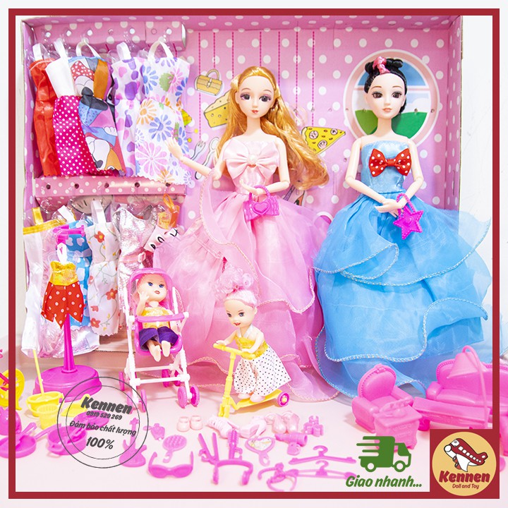 Búp bê công chúa 3D có khớp linh hoạt kèm 2 búp bê loại nhỏ và nhiều phụ kiện ( váy, trang sức, gương,.....) để tạo kiểu