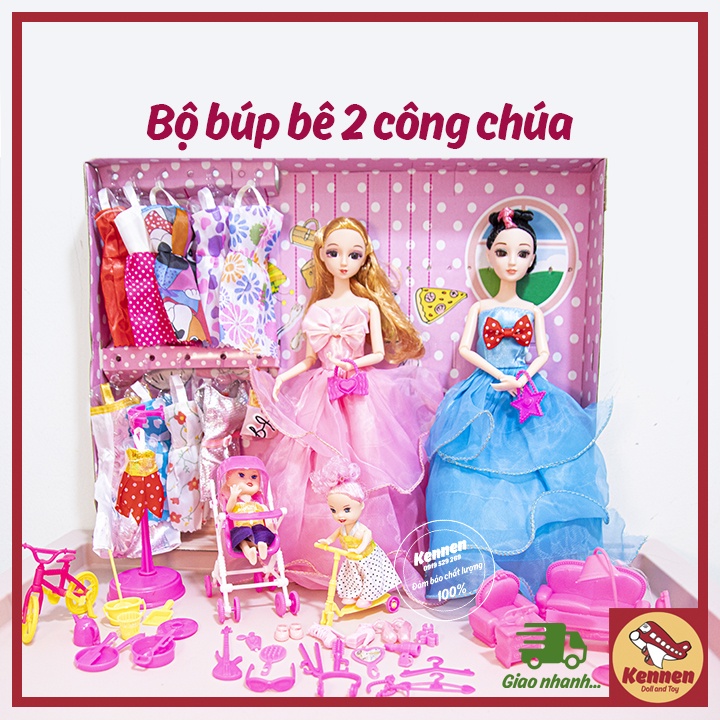Búp bê công chúa 3D có khớp linh hoạt kèm 2 búp bê loại nhỏ và nhiều phụ kiện ( váy, trang sức, gương,.....) để tạo kiểu