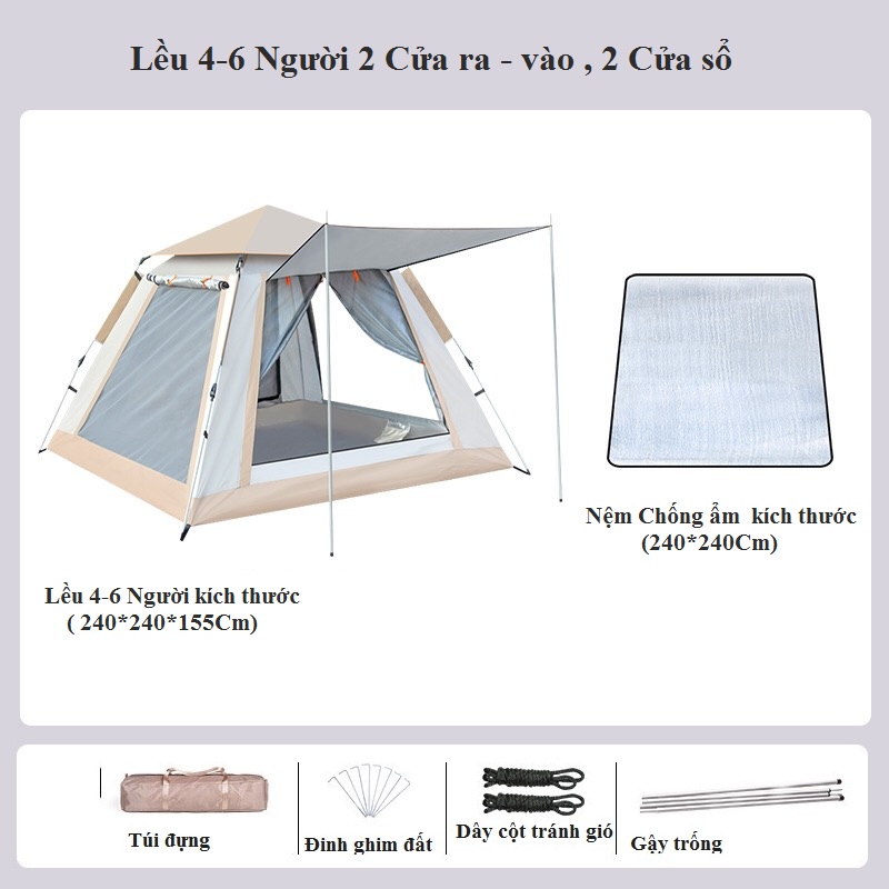 Lều Cắm Trại Tự Bung Cho 4- 6 người Tặng Kèm Thảm Chống Thấm