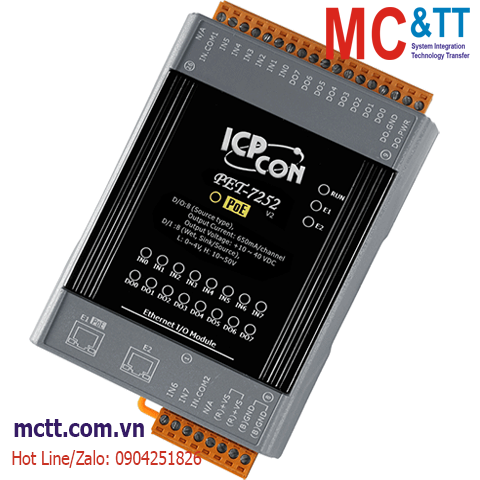 Module 2 cổng PoE Ethernet Modbus TCP 8 kênh DI + 8 kênh DO ICP DAS PET-7252 CR