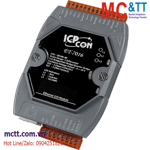Module Ethernet Modbus TCP 2 kênh đầu vào biến dạng (Strain Gauge, Load Cell)+2 kênh DI + 2 kênh DO ICP DAS ET-7016 CR