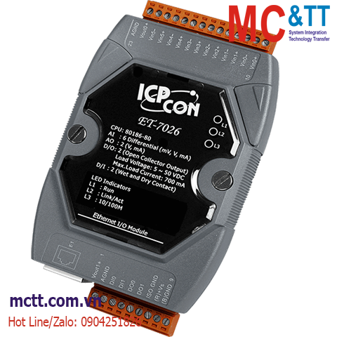 Module Ethernet Modbus TCP 6 kênh AI + 2 kênh AO + 2 kênh DI + 2 kênh DO ICP DAS ET-7026 CR