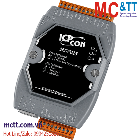 Module Ethernet Modbus TCP 8 kênh đầu ra tương tự AO ICP DAS ET-7028 CR