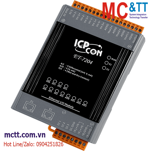 Module 2 cổng Ethernet Modbus TCP 4 kênh AI + 4 kênh AO + 4 kênh DI ICP DAS ET-7204 CR