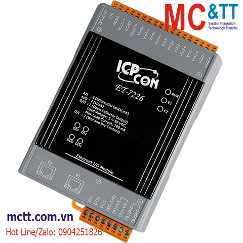 Module 2 cổng Ethernet Modbus TCP 6 kênh AI + 2 kênh AO + 2 kênh DI + 2 kênh DO ICP DAS ET-7226 CR