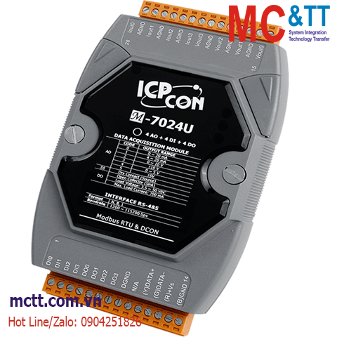 Module RS-485 Modbus RTU 4 kênh đầu ra tương tự AO +4 kênh DI+ 4 kênh DO ICP DAS M-7024U-G CR