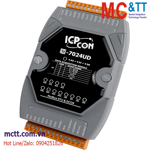 Module RS-485 Modbus RTU 4 kênh đầu ra tương tự AO +4 kênh DI+ 4 kênh DO ICP DAS M-7024UD-G CR
