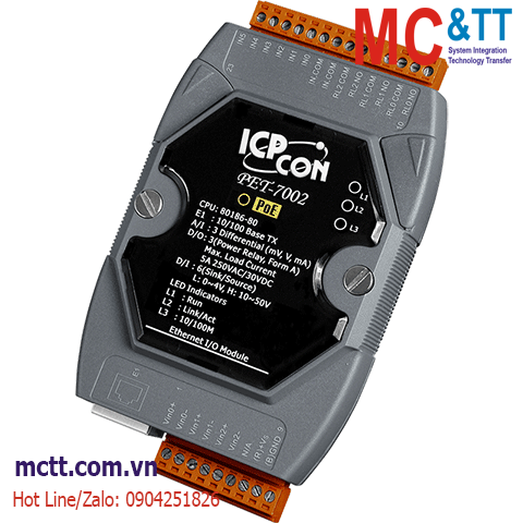 Module PoE Ethernet Modbus TCP 3 kênh AI+6 kênh DI+3 kênh Relay ICP DAS PET-7002 CR