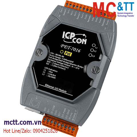 Module PoE Ethernet Modbus TCP 2 kênh đầu vào biến dạng (Strain Gauge, Load Cell)+2 kênh DI + 2 kênh DO ICP DAS PET-7016 CR