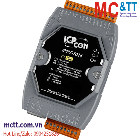 Module PoE Ethernet Modbus TCP 4 kênh AO + 5 kênh DI + 5 kênh DO ICP DAS PET-7024 CR