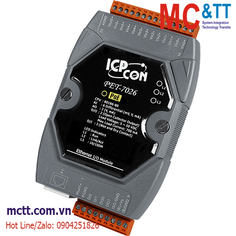 Module PoE Ethernet Modbus TCP 6 kênh AI + 2 kênh AO + 2 kênh DI + 2 kênh DO ICP DAS PET-7026 CR