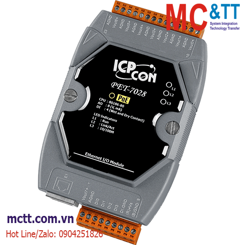 Module PoE Ethernet Modbus TCP 8 kênh đầu ra tương tự AO ICP DAS PET-7028 CR