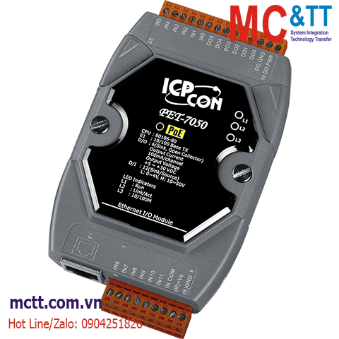 Module PoE Ethernet Modbus TCP 12 kênh đầu vào số DI + 6 kênh đầu ra số DO ICP DAS PET-7050 CR