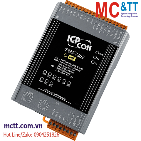 Module 2 cổng PoE Ethernet Modbus TCP 10 kênh AI + 6 kênh DI + 3 kênh Relay ICP DAS PET-7202 CR
