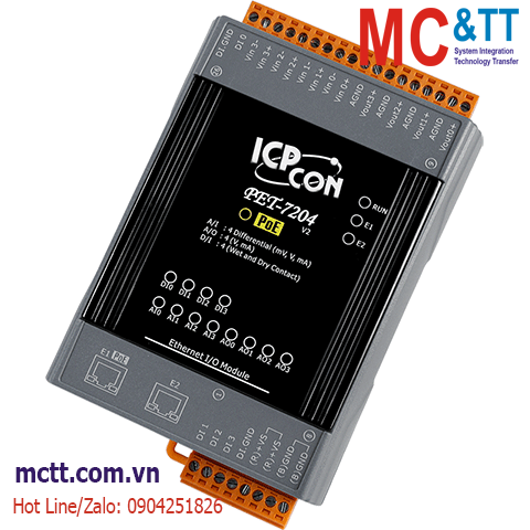 Module 2 cổng PoE Ethernet Modbus TCP 4 kênh AI + 4 kênh AO + 4 kênh DI ICP DAS PET-7204 CR