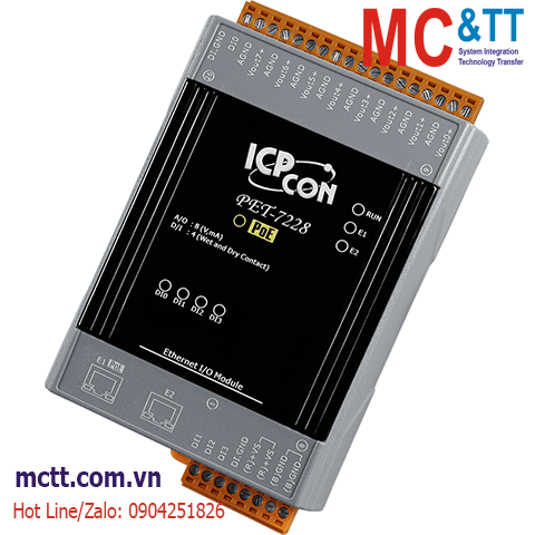 Module 2 cổng PoE Ethernet Modbus TCP 8 kênh đầu ra tương tự AO ICP DAS PET-7228 CR