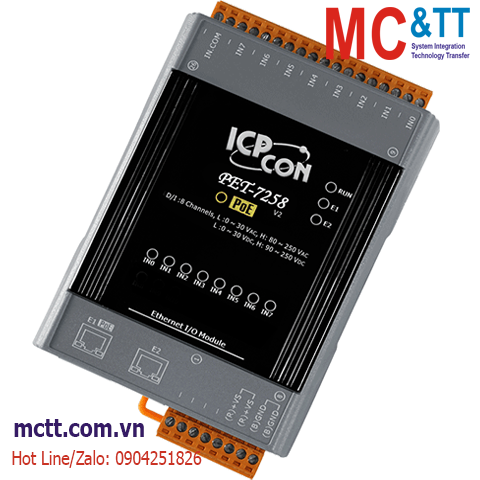 Module 2 cổng PoE Ethernet Modbus TCP 8 kênh AC/DC DI ICP DAS PET-7258 CR