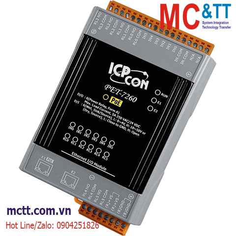 Module 2 Cổng PoE Ethernet Modbus TCP 6 kênh DI+6 kênh Power Relay ICP DAS PET-7260 CR