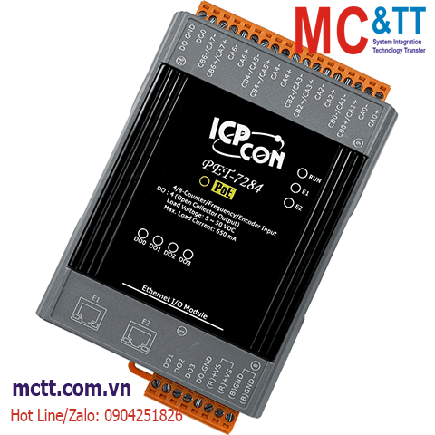 Module 2 cổng PoE Ethernet Modbus TCP 4/8 kênh Counter/Frequency/Encoder +4 kênh DO ICP DAS PET-7284 CR