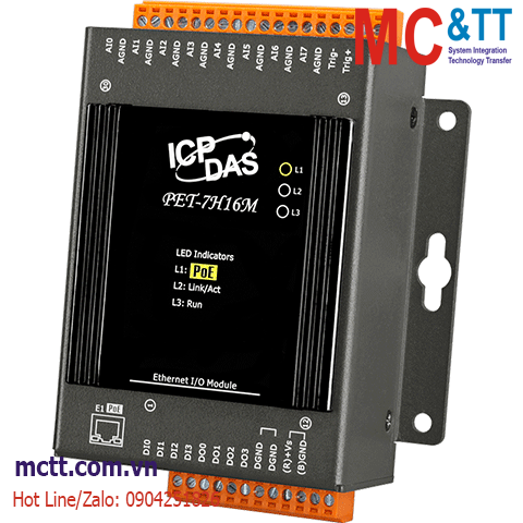 Module PoE Ethernet Modbus TCP thu thập dữ liệu tốc độ cao 8 kênh AI + 4 kênh DI + 4 kênh DO ICP DAS PET-7H16M CR