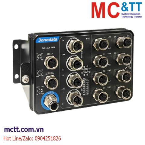 Switch công nghiệp Layer 3 ITxPT quản lý 8 cổng PoE M12 + 4 cổng Gigabit Bypass M12 3onedata TNS5800B-8P4GT-P24